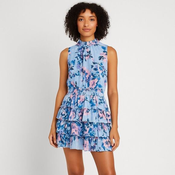 Revolve Everlily Floral Blue Gold Floral Mini Sleeveless Dress Smocked Ruffles - Picture 1 of 9
